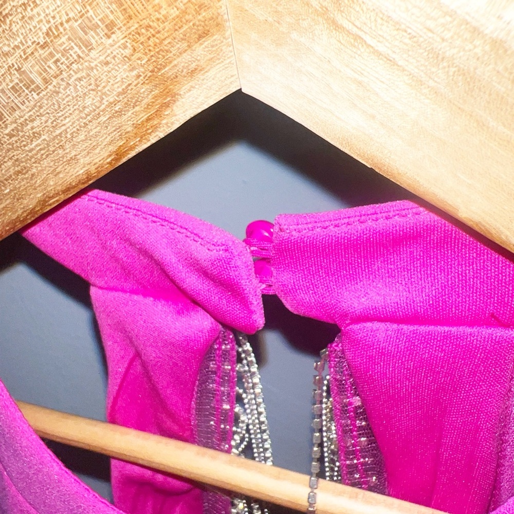 Sincerely Jules hot pink glitter fringe open back high neck mini dress - Picture 13 of 13